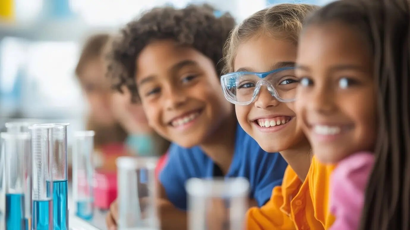 Feier zum Wissenschaftstag mit Kindern, die im Labor lernen.